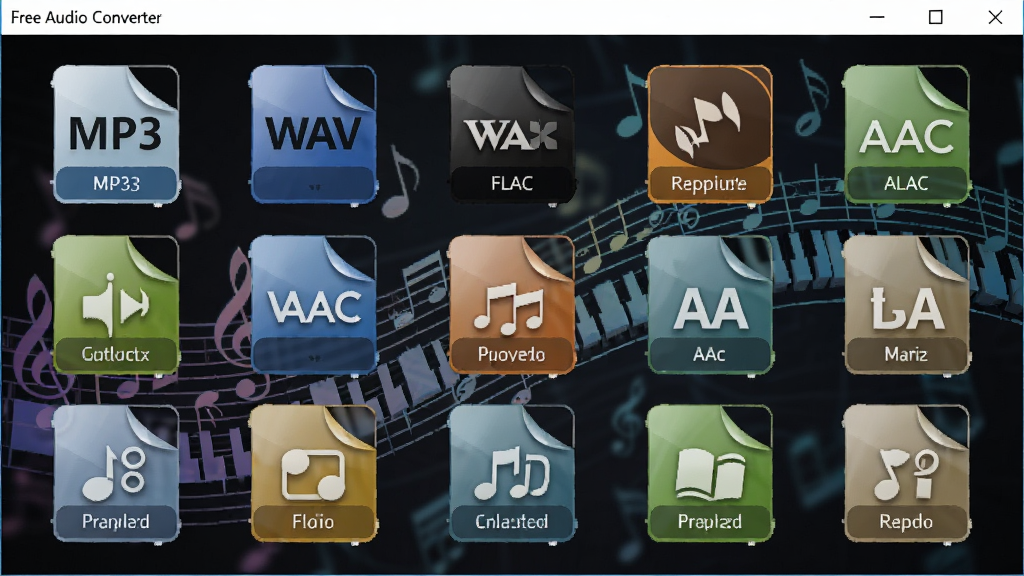 Free Audio Converter������չʾ������Ƶ��ʽͼ�����У�����MP3��WAV��FLAC��AAC�ȣ�����Ϊ����Ԫ�أ��������룬���дʵ��ϸ�ڷḻ�����������ɾ�