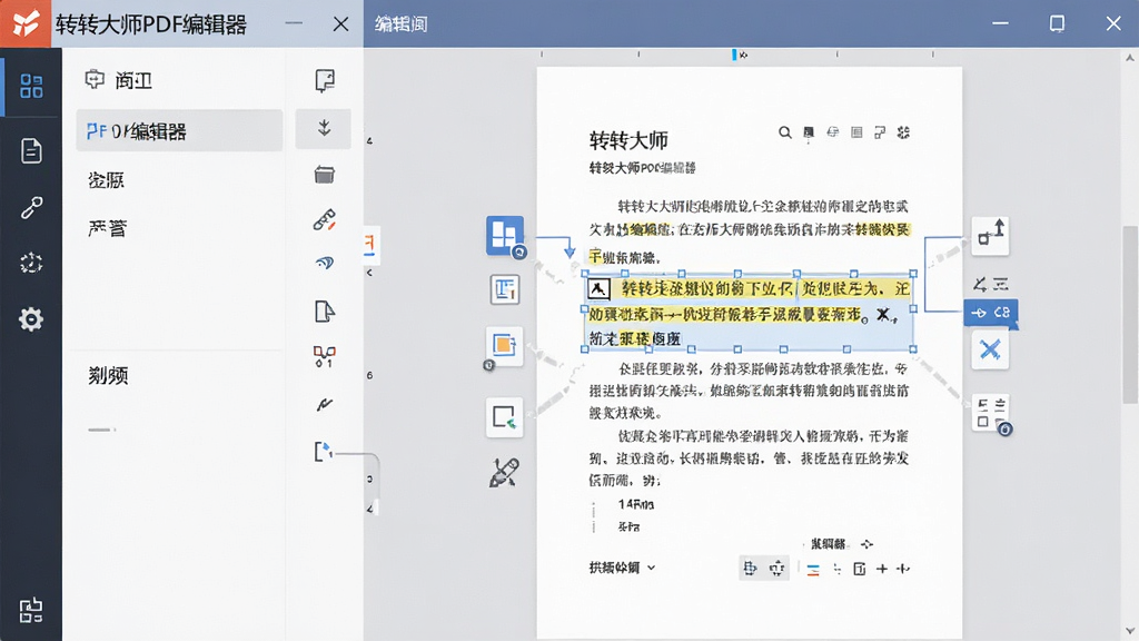 ��������չʾͼ���������Ϊ��תת��ʦPDF�༭�������������Ҳ�Ϊ���ڱ༭��PDF�ĵ������ֱ�ѡ�в���������Χ���Ű湤��ͼ�꣬������ȷ���������ҷ������Ű�����������Լ���ϸ�����������ʸ��壬�ɾ��޶���Ԫ��