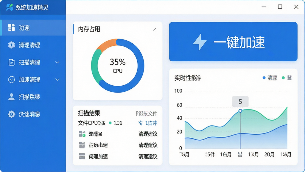 ���壺ϵͳ���پ������������棬չʾϵͳ��������ٹ���ģ�顣���֣���๦���б����Ҳ��ߴ�ġ�һ�����١���ť��ʵʱ���ܼ��ͼ�����Ű棺�������࣬ͼ��������������������������ִ���ƽ����ƣ���ɫ��Ϊ��ɫ���ɫ��ϸ�ڣ�CPU���ڴ�ռ�����Ի���ͼ��ʾ��ɨ�����б����ļ���С���������顣���ʣ��߷ֱ��ʣ��ɾ����޶���Ԫ�ء�
