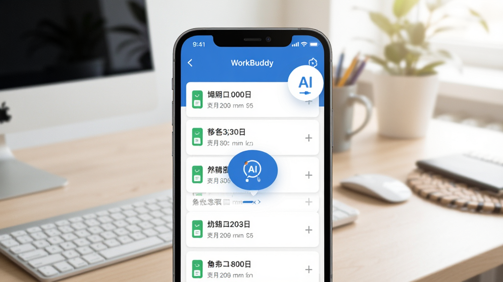 WorkBuddy�ƶ���ʹ�ó���ͼ���ֻ���Ļ��ʾ�����б���������AI���ְ�ť������Ϊ�칫���棬������������ͼ������ͻ���������������ƶ��칫�����ԣ����廭�ʣ��޶���Ԫ�ء�