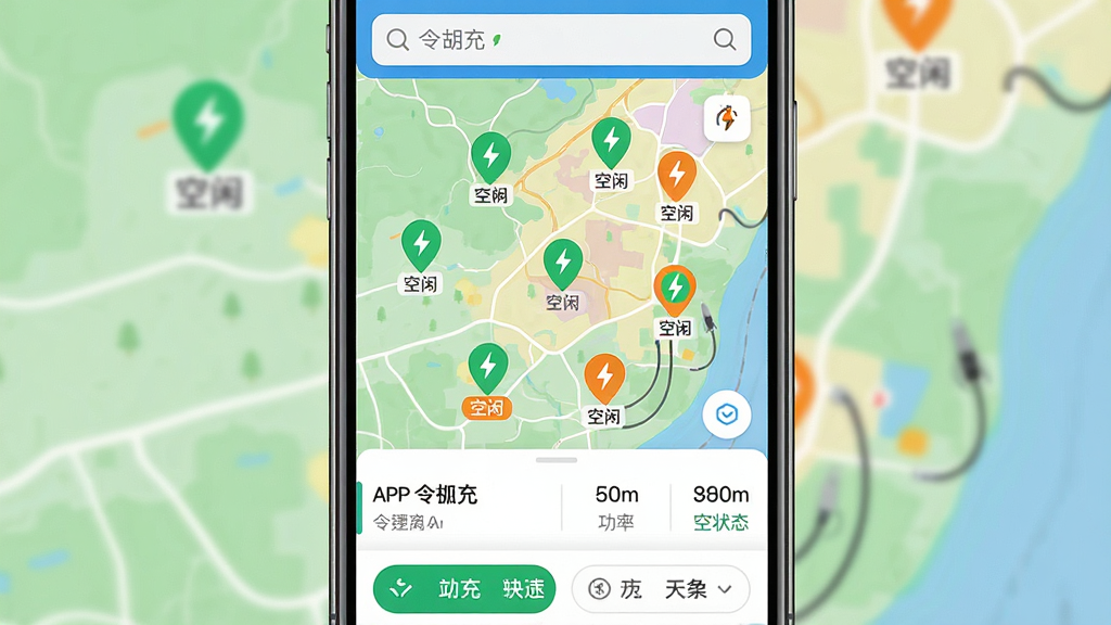 ��������Ϊ�ֻ���Ļչʾ�������APP��ͼ��׮���棬��Ļ������ʾ��ɫ��ͼ����Χ�ֲ������ɫ���ɫ���վͼ�꣬�ײ��б�չʾվ�����ơ����롢���������״̬������Ϊ�ֻ��������У���ͼռ��Ļ�󲿷֣����������������ײ��п��ɸѡ��ť���Ű���������UI����ִ���ƽ����ϸ�ڰ���վ��ͼ���ϵ�С��������롰���С���ǩ������������ɫ�����죬����ɾ��޶���Ԫ�أ�ͻ��������䡱Ʒ������
