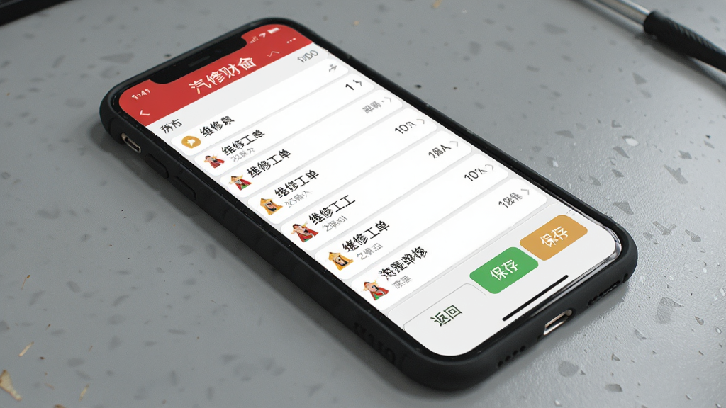 һ�����޲����������ֻ��ϵ�ʹ�ý��棬�ֻ���Ļ����ʾά�޹����б����ײ��з��غͱ��水ť������Ϊ��ɫ���棬�ֻ����Ϊ��ɫ�����廭��������ϸ�ڷḻ�����ʸɾ����޶���Ԫ��