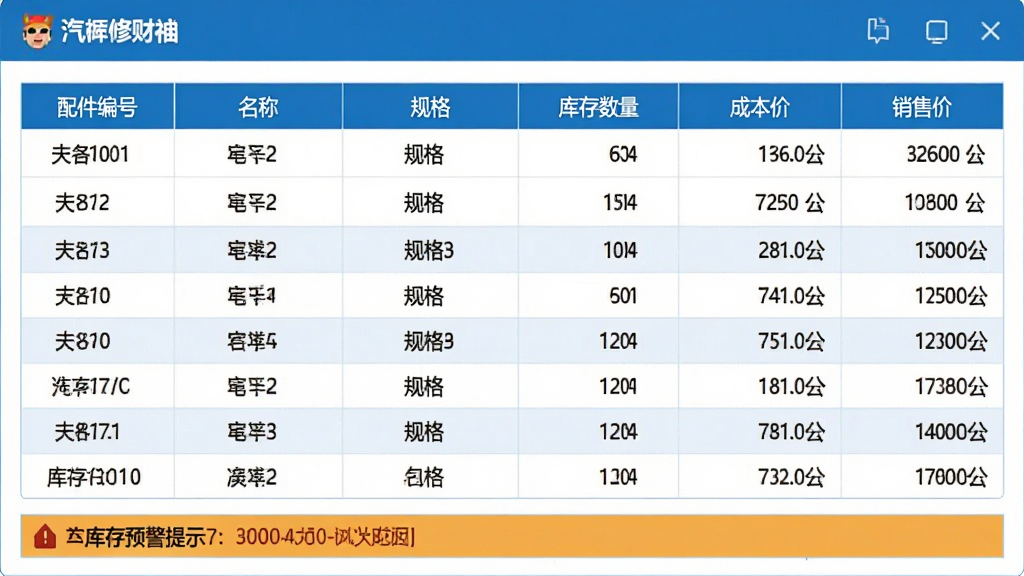 ���޲����������������б����棬��������ʾ�����š����ơ���񡢿���������ɱ��ۡ����ۼۣ��ײ��п��Ԥ����ʾ���������������ɫ�������������룬���ʸɾ����޶���Ԫ��