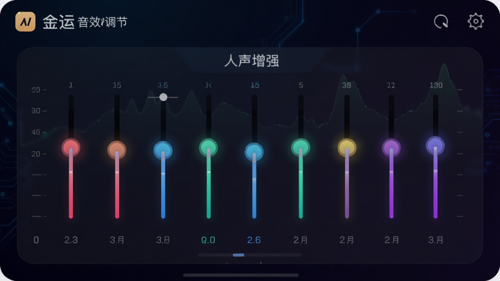����App��Ч���ڽ��棬չʾ���ӻ�EQ������������壬����Ϊ��ɫ���䣬����ʲ�ɫ��㣬������ʾ��ǰ��ЧԤ�����ơ�������ǿ�������Ƽ���ǿ�����ʸɾ����޶���Ԫ��