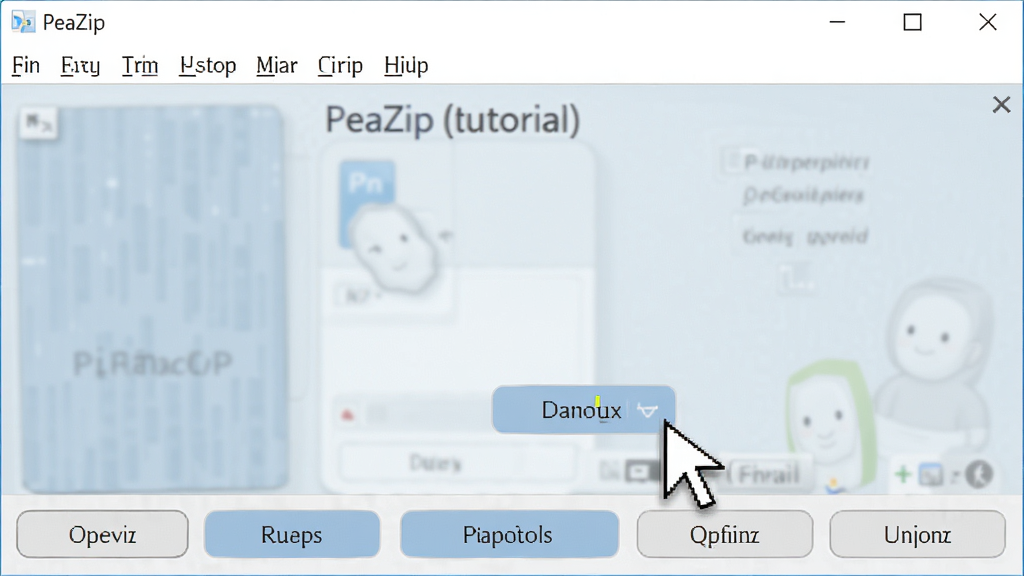 һ��չʾPeaZip����ʹ�ý̵̳�ʾ��ͼ������ΪPeaZip�����棬�Ϸ��в˵������·��в�����ť�������������Ű����������Լ��ϸ�������ָ��ָ���ѹ��ť�����ʸ��壬�ɾ��޶���Ԫ��