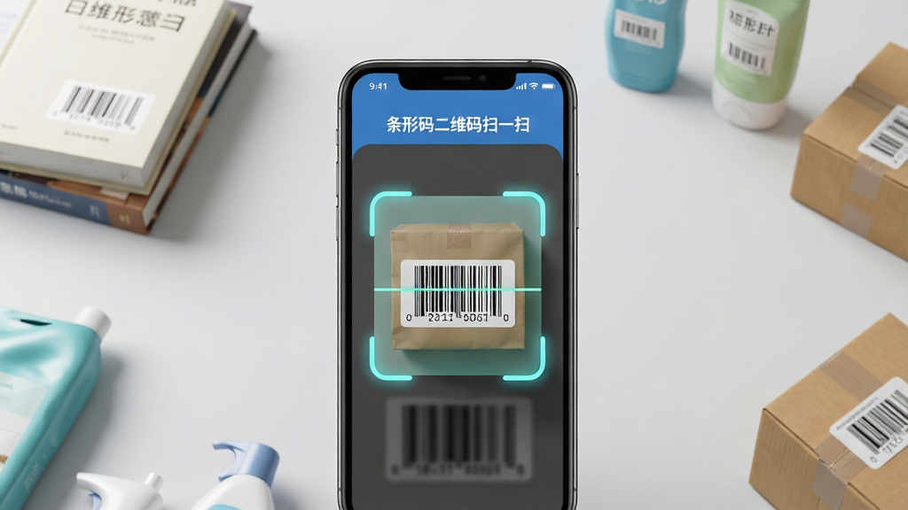 主视觉展示图,画面中央是一部智能手机,屏幕显示“条形码二维码扫一扫”应用界面,界面清晰展示一个高亮扫描框正对准商品上的条形码,背景为干净整洁的浅灰色桌面,桌面上散落着几件带有条形码的商品,如书籍、日用品和快递盒。整体布局以手机为中心,左右留白均衡,采用写实摄影风格,光线明亮柔和,细节丰富,画质干净,无多余元素。