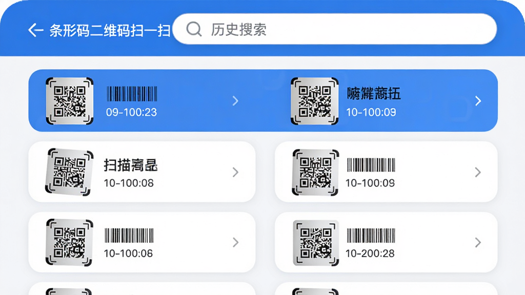 功能界面图,展示“条形码二维码扫一扫”应用的历史记录页面,页面以列表形式清晰排列着扫描过的商品条形码、二维码缩略图及对应时间,顶部设有搜索框。整体界面采用简洁现代的UI设计风格,蓝白配色,圆角卡片设计,布局规整清晰,画质高清,干净无多余元素。