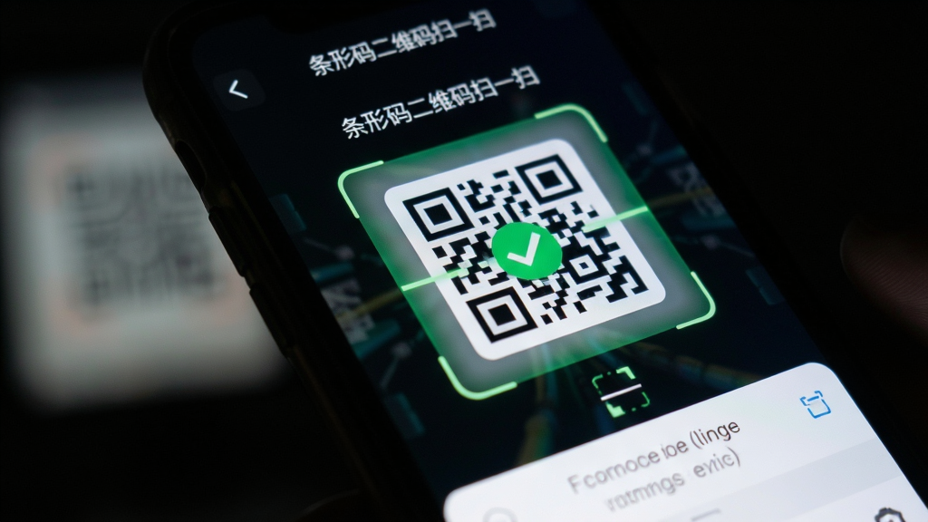 功能特写图,展示“条形码二维码扫一扫”应用在昏暗环境下扫描手机屏幕上的二维码,手机屏幕发出微弱亮光,扫描框对准二维码,界面显示识别成功的绿色对勾和解析结果。画面采用微距摄影风格,突出扫描细节,背景虚化,光源以屏幕光为主,营造科技感与实用性,画质细腻干净,无多余元素。