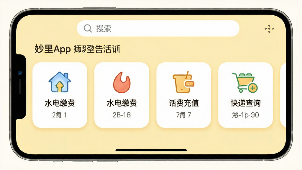 ���壺����App����������������棬չʾˮ��ú�ɷѡ����ѳ�ֵ����ݲ�ѯ�ȹ��ܿ�Ƭ�����֣����ܿ�Ƭ���򻬶����У�����Ϊ����ɫ�����������������Ű棺��Ƭ��С���ȣ�ÿ����Ƭ������ͼ�������˵�������岼�����룻���������Ȼ��ɫ����ů��ͻ��������Ϣ��ϸ�ڣ���Ƭ��Ե����΢Բ�ǣ�ͼ�������������������������ʣ�������Ⱦ���ɾ��޶���Ԫ�ء�
