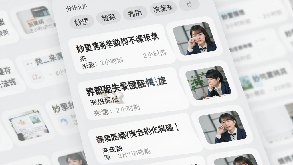 ���壺����App����Ѷ�Ƽ����棬չʾ��ƪ���ſ�Ƭ��ÿ�ſ�Ƭ�б��������ͼ�����֣���Ƭ�������У�����Ϊǳ��ɫ�������з����ǩ�����Ű棺��������Ӵ֣�����ͼλ�ڿ�Ƭ�Ҳ࣬�����Ű�������£���񣺼������磬ɫ�����ţ��ʺ��Ķ���ϸ�ڣ�����ͼ��Ե��Բ�ǣ������·�����Դ��ʱ����Ϣ�����ʣ�������Ⱦ���ɾ��޶���Ԫ�ء�