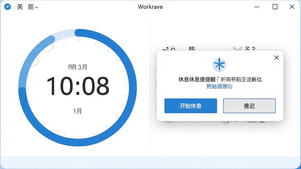 Workrave����������Ԥ��ͼ��չʾ��ʱ��Բ������Ϣ���ѵ���������������ˬ����ɫ������Ϊ�������沼�ֹ�������������ʼ��Ϣ���롰�Ƴ١���ť�������������ɾ��޶���Ԫ��