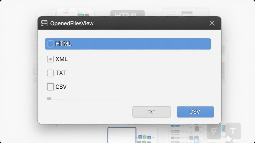 OpenedFilesView�����ļ���ʽѡ�񴰿ڣ���ʾHTML��XML��TXT��CSVѡ������࣬��ť�������ִ�UI��ƣ���ϸ�ڣ��ɾ�����