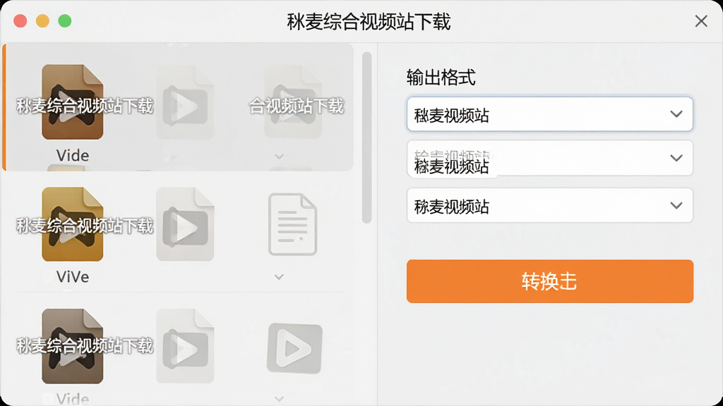 ���壺�����ۺ���Ƶվ���صĸ�ʽת�����棬�������Ƶ�ļ�ͼ�꣬�ұ��Ǹ�ʽѡ����֣����ҷ���������ļ��б����Ҳ������˵�ѡ�������ʽ���Ű棺���жԳƣ�ת����ťΪ��ɫ�������ˬ��Լ��ǳ�ұ�����ϸ�ڣ��ļ�ͼ�����С������ۺ���Ƶվ���ء�ˮӡ�����ʣ����壬�ɾ����޶���Ԫ�ء�