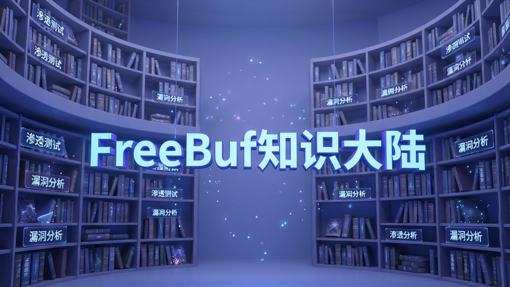 主体:一个巨大的数字图书馆虚拟场景,中央悬浮着发光的“FreeBuf知识大陆”字样。布局:书架环绕四周,每本书脊上印有安全分类标签如“渗透测试”“漏洞分析”。排版:文字立体发光,书籍整齐排列。风格:未来科技感,蓝紫色调。细节:光线柔和,书籍封面有微光粒子飘动。画质:超清渲染,场景干净无杂物。