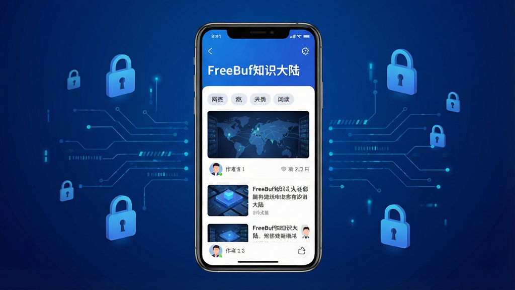 主体:一部打开的智能手机,屏幕显示FreeBuf知识大陆应用界面,界面中展示网络安全文章列表和分类标签。布局:手机居中,背景为深蓝色科技感渐变,周围有漂浮的锁形图标和数据流线条。排版:手机屏幕内容清晰可见,标题文字“FreeBuf知识大陆”显眼。风格:现代扁平化结合科技感,色彩以蓝白为主。细节:屏幕上有文章缩略图、作者头像和阅读量数字,整体干净整洁。画质:高清渲染,无多余元素。