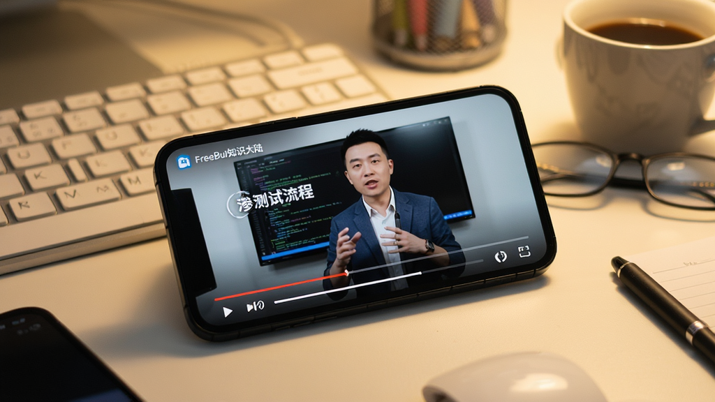 主体:一部手机横屏播放安全课程视频,屏幕中讲师正在讲解渗透测试流程。布局:手机斜放,周围有键盘、咖啡杯等学习元素。排版:视频画面清晰,底部有进度条和控制按钮。风格:写实生活场景,暖色调灯光。细节:手机屏幕上显示“FreeBuf知识大陆”课程目录。画质:高清摄影质感,背景整洁。