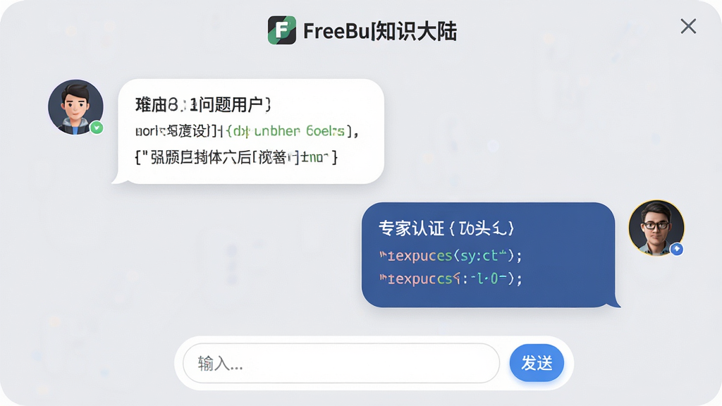 主体:一个虚拟对话界面,左侧是用户头像和问题气泡,右侧是专家认证头像和解答气泡。布局:界面居中,底部有输入框和发送按钮。排版:气泡圆润,文字清晰。风格:清爽的社交应用风格,背景为浅灰色。细节:顶部有“FreeBuf知识大陆”标识,气泡内有代码片段。画质:高分辨率,界面无杂乱元素。