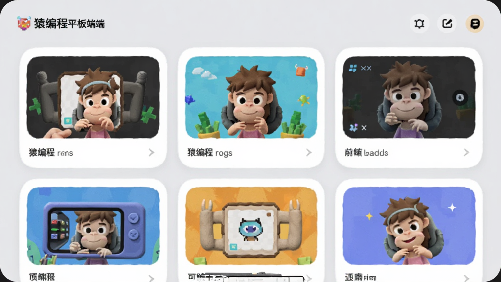 猿编程平板端创意工坊界面,展示多个项目模板缩略图,背景为浅灰色,卡片式布局,边缘圆润,风格清新,画质细腻,无多余元素