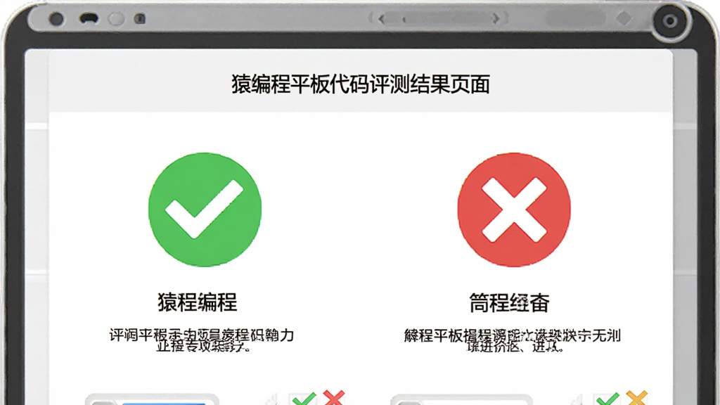 猿编程平板端代码评测结果页面,显示绿色对勾与红色叉号图标,附有文字解析,界面清晰,色彩对比明显,扁平化风格,画质干净,无多余元素