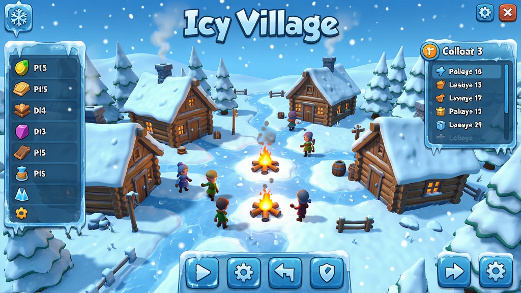 ���壺��˪��ׯ(Icy Village)��Ϸ������ȫ����չʾ��ѩ���ǵĴ�ׯ��ľ��С�ݡ���������������֣�����Ϊ��ׯȫ���������Դ�����Ҳ������б����ײ�Ϊ������ť���Ű棺�����ֲ㣬UIͼ���࣬���С�Icy Village����Ϸ������������񣺿�ͨ��Ⱦ��������ɫ������ѩ�ʸ����ԡ�ϸ�ڣ�ѩ��Ʈ�䡢�����߶���������˸������ɾ��޶���Ԫ�ء����ʣ��߷ֱ��ʣ�ɫ��ͨ͸��ϸ�ڷḻ������ɾ����ࡣ