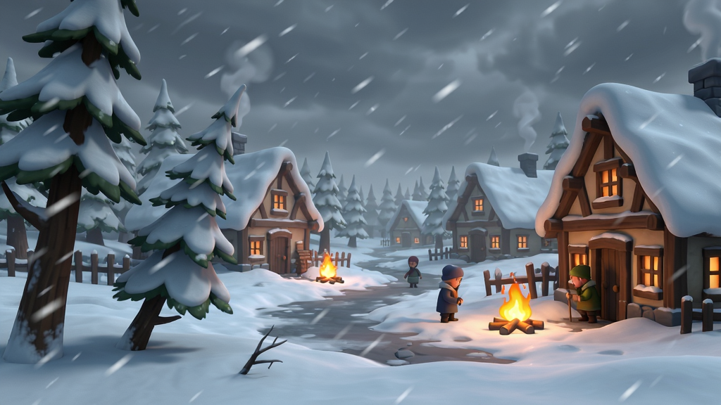 ���壺Icy Village��Ϸ�ڱ���ѩ������������ׯ����ѩ���֣����������ڣ����𱻴���ҡҷ�����֣�ǰ��Ϊ�ڷ�����������ľ���о�Ϊ��ׯ���ݣ�����Ϊ�Ұ���ա��Ű棺����������У�����Ч�����ԡ����дʵ��ͨ�������Χ��ϸ�ڣ�ѩ��бƮ������͸��ů�⡢�����ѩ�����񣬻���ɾ��޶���Ԫ�ء����ʣ���̬��Ӱ��ϸ�ڷḻ������ɾ���