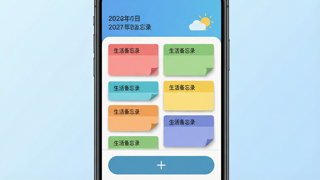 ���壺һ�������ֻ���Ļ��д����Ļ��չʾ�����¼App�������棬���沼���������Ϸ���ʾ���ں��������м��Ƿ�������Ĳ�ɫ��ǩ�б����·�����Ŀ�ġ�+�����Ӱ�ť�����֣��ֻ����У�����Ϊ��͵Ľ���ǳ��ɫ��Ӫ����ˬ��Χ���Ű棺����Ԫ���������򣬱�ǩ��Ƭ��Сһ�£��������¡���񣺱�ƽ����Ʒ��ɫ�����죬������΢����ӰЧ��������۸��ִ�����ࡣϸ�ڣ���Ļ�ڵı�ǩ��ӡ�С������¼������������ͼ�������ɱ档���ʣ�4K���壬����ɾ��޶���Ԫ�ء�
