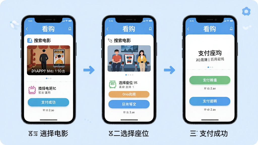 ���壺ʹ�ÿ���APP��Ʊȫ����ʾ��ͼ������������Ӱ��ѡ����λ��֧���ɹ��������裻���֣������ֻ���ͼ����չʾ��ÿ����ͼ�·��в���˵�����Ű棺��������ͼ������Ϊǳ��ɫ����񣺼��廭�磬ɫ�����죻ϸ�ڣ�ÿ���ֻ���Ļ���С���������������Ӧ�Ĳ������棻���ʣ����壬�ɾ����޶���Ԫ�ء�