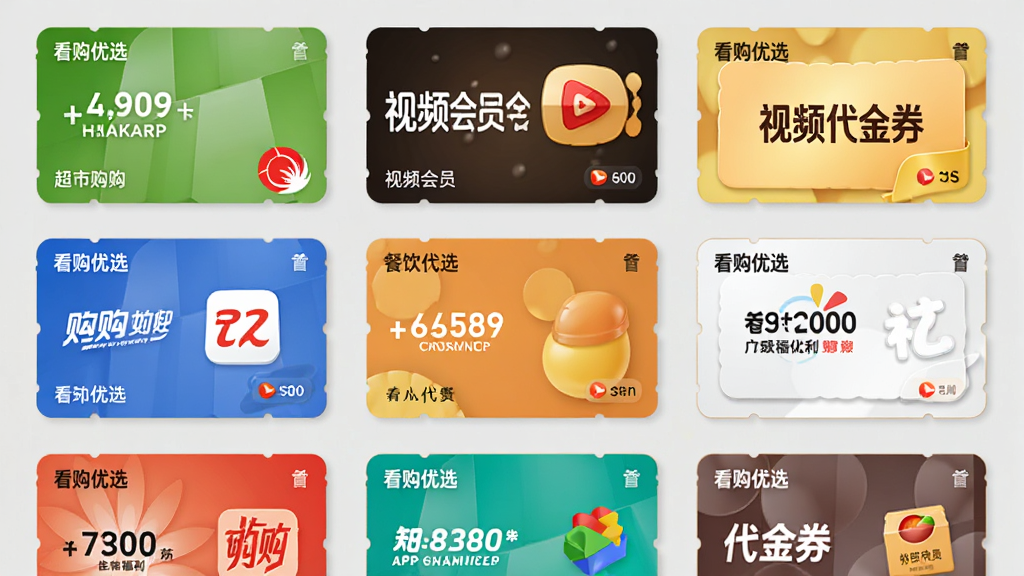 ���壺����APP�����ר������ʾ���й��￨����Ƶ��Ա������������ȯ�ȿ�Ƭ�����֣����ſ�ȯƽ��չʾ��ÿ�ſ�Ƭ������ֵ��Ʒ��logo���Ű棺��Ƭ���������У�����Ϊǳ��ɫ��ͻ����Ƭɫ�ʣ������������磬����ͨ͸��ϸ�ڣ���Ƭ��ӡ�С�������ѡ�����������ʣ����壬�ɾ����޶���Ԫ�ء�