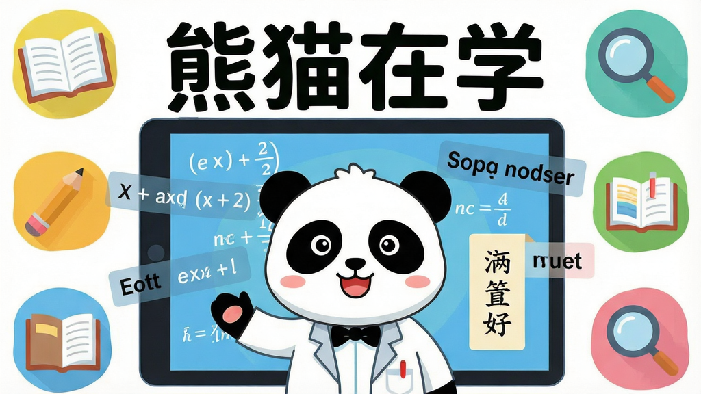 画面主体为一只可爱的熊猫博士形象,它正站在一块巨大的平板电脑屏幕前,屏幕上有数学公式、英语单词和语文诗词等元素漂浮。布局采用中心构图,熊猫位于画面中央偏下,四周环绕着书本、铅笔、放大镜等学习工具图标。整体排版疏密有致,色彩明亮活泼,采用扁平化卡通插画风格,细节丰富,画质清晰干净,无多余元素,画面中悬浮着“熊猫在学”四个大字标题。