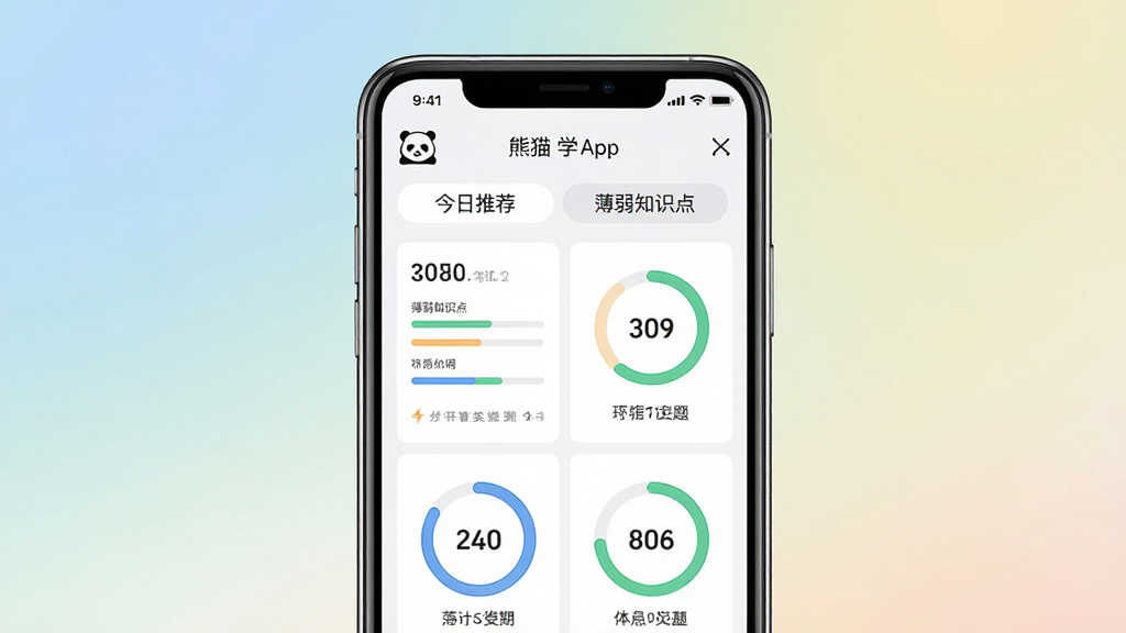 图片主体是智能手机界面的截图展示,屏幕内显示熊猫在学App的智能推题功能页面,有“今日推荐”、“薄弱知识点”等标签和几个圆形的数据统计图表。布局采用手机居中展示的样机风格,背景为柔和的渐变色。排版清晰,界面UI设计现代简洁,扁平化风格,细节包括数据条和进度环。画质干净通透,突出软件界面的专业性与科技感,无多余元素。