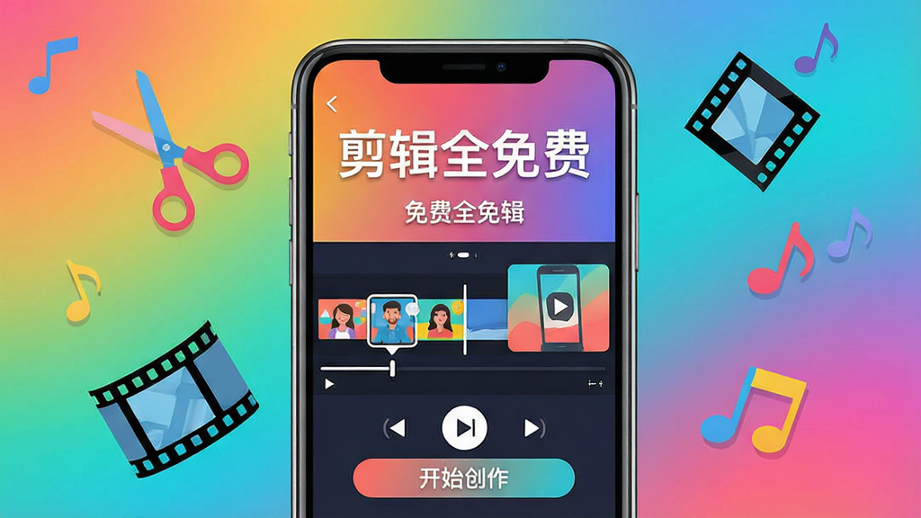 主体:一部智能手机屏幕显示“剪辑全免费”应用界面,界面有视频时间轴、剪辑按钮和预览窗口,背景是多彩的渐变色。布局:手机居中,周围有漂浮的剪刀、胶片、音符等元素。排版:简洁清晰,突出应用名称“剪辑全免费”。风格:现代扁平化,色彩明亮活泼。细节:应用界面显示“免费剪辑”字样,按钮上有“开始创作”提示。画质:高清,干净,无多余元素。