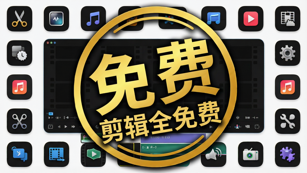 主体:一个巨大的金色“免费”印章盖在视频剪辑软件界面上,背景是各种剪辑工具图标。布局:印章居中,工具图标环绕排列。排版:印章文字突出,工具图标小而精致。风格:简洁有力,突出免费主题。细节:印章上写有“剪辑全免费”字样,工具图标包含剪刀、滤镜、音乐等。画质:高清晰度,干净背景,无多余元素。