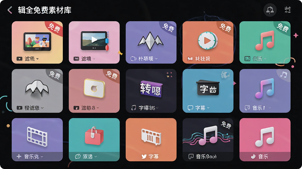 主体:剪辑全免费素材库界面,展示滤镜、转场、字幕、音乐等分类卡片。布局:网格状排列,每个分类有代表性图标。排版:整齐有序,色彩丰富。风格:清新活泼,适合年轻用户。细节:卡片上有“免费”标签,音乐卡片有音符图标。画质:高清,干净,无多余元素。