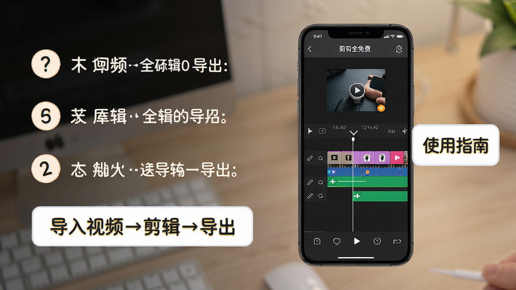 主体:一部手机正在运行剪辑全免费,屏幕上显示编辑时间轴的画面,旁边有“使用指南”文字框。布局:手机居中,左侧有步骤说明。排版:简洁明了,步骤清晰。风格:教程风格,友好亲切。细节:时间轴上有彩色片段,文字框内写有“导入视频→剪辑→导出”字样。画质:高清,干净,无多余元素。