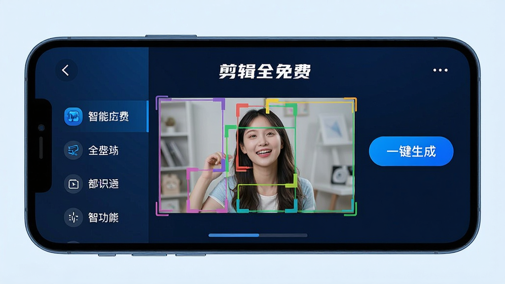 主体:手机屏幕展示“剪辑全免费”的智能场景识别功能,视频片段被彩色框标记,旁边有“一键生成”按钮。布局:手机屏幕占主体,左侧有功能列表。排版:简洁明了,突出识别结果。风格:科技感,蓝色调。细节:标记框颜色不同,按钮上写有“智能剪辑”字样。画质:高清,干净,无多余元素。