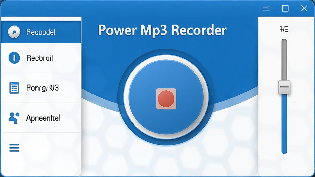 Power Mp3 Recorder主界面展示,左侧功能列表,中央录制按钮,右侧音量调节,整体蓝白配色,简洁明了,图中央显示软件名称“Power Mp3 Recorder”,高清画质,干净无多余元素
