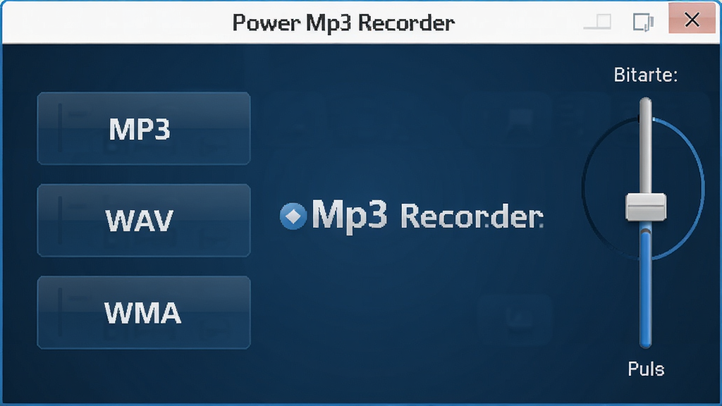 音频格式选择界面,显示MP3、WAV、WMA选项,背景为深蓝色调,右侧有比特率调节滑块,界面清晰整洁,中央标注“Power Mp3 Recorder”软件名称,高清画质,干净无多余元素