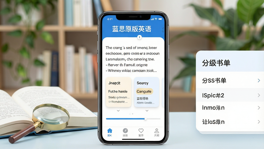 ���壺��˼ԭ��Ӣ��App����չʾ��ǰ��Ϊ�ֻ���Ļ��ʾ�Ķ�ҳ�棬����Ϊ�������ɫֲ����֣��ֻ����У�����д򿪵��鱾��Ŵ󾵣��Ҳ��зּ��鵥�б����Ű棺���������ͻ������˼ԭ��Ӣ��������Ķ����ȣ�������½����磬����ͨ͸������΢�����ʸУ�ϸ�ڣ���Ļ�ڳ���Ӣ�Ķ��䡢�ʻ����忨Ƭ���Ķ����������ײ���ǩ�������ʣ�4K���壬�ɾ����޶���Ԫ��