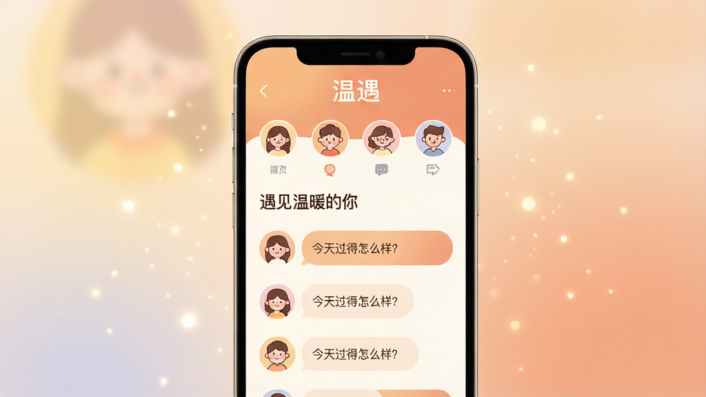 ���壺�ֻ���Ļչʾ����APP�����棬��������ܰ���ţ���ůɫ��Ϊ���������С�����������Logo���·��Ǽ���Բ�ε��û�ͷ��ͶԻ����ݡ� ���֣����й�ͼ���ֻ���Ļռ��Լ70%������Ϊ���ģ���Ľ����ɫ����Χ��׺��΢�����ӡ� �Ű棺������Ϣ����������ͼ���������룬�Ի��б�������ˡ� ��񣺱�ƽ����ƽ��΢�ʸУ������Χ��ů��������С���¡� ϸ�ڣ���Ļ����ʾ��������ů���㡱����������������Ϊ�����������ô��������ͷ��Ϊ��ͨ��� ���ʣ�������Ⱦ��ɫ����ͣ��ɾ����޶���Ԫ�ء�