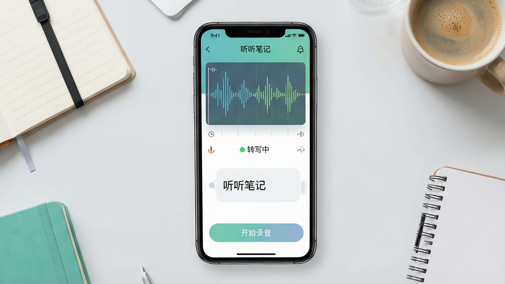 ���壺һ�������ֻ���Ļ��ʾ�������ʼǡ�Ӧ�ý��棬�������������Ĳ���ͼ��תд���֡����֣��ֻ�λ�ڻ������룬�����Ǽ���ǳ��ɫ����̨����Χ�бʼǱ������ȱ���Ԫ�ء��Ű棺�ֻ�����ռ����Ҫ�Ӿ�����������Ϣ�����ɶ�������ִ���ƽ����ƣ�ɫ���������졣ϸ�ڣ�������ʾ����ʼ¼������ť�͡�תд�С�״̬����������Ϊ�������ʼǡ������ʣ����壬�ɾ����޶���Ԫ�ء�