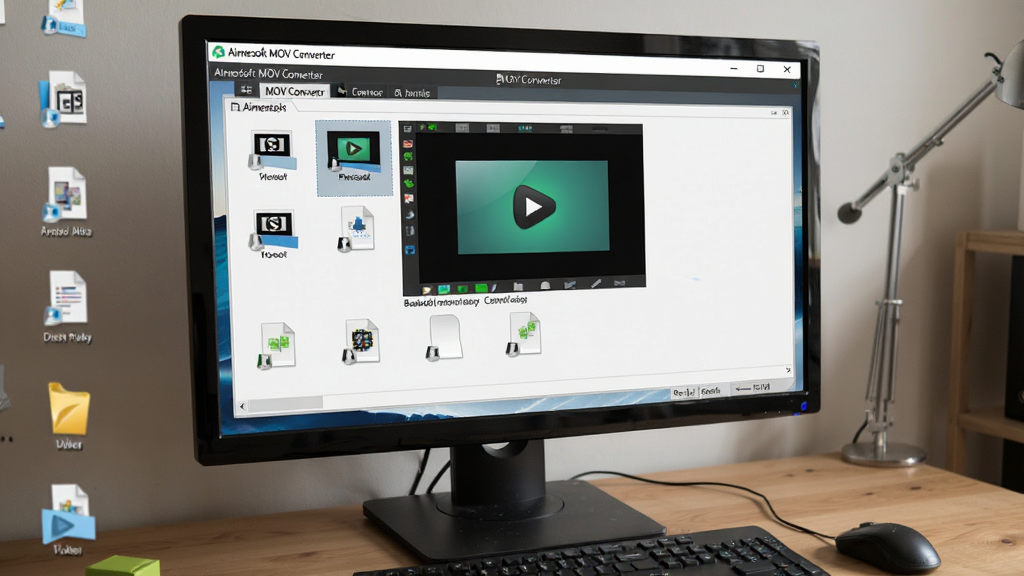 �û����ڵ����ϲ���Aimersoft MOV Converter��������Ļ��ʾ����ת�����棬�����ϰڷ��Ŷ����Ƶ�ļ�ͼ�꣬���岼����Ȼ�����дʵ��������ͣ�ϸ�����������ʸɾ����޶���Ԫ��