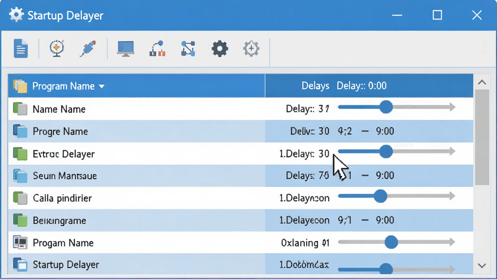 һ���������Ļ��ͼ���Ĳ廭�������ǡ�Startup Delayer�����������ý��棬��������һ���б���ÿ����ʾ�������ƺ��ӳ�ʱ�们�顣���ֲ������½ṹ���Ϸ�Ϊ���������·�Ϊ�ɹ����ĳ����б������Ϊ��ƽ��UI��ƣ�ɫ��������Ϊ����ϸ�ڰ����������ͣ��һ�������ϣ����������ɾ����޶���Ԫ�ء�