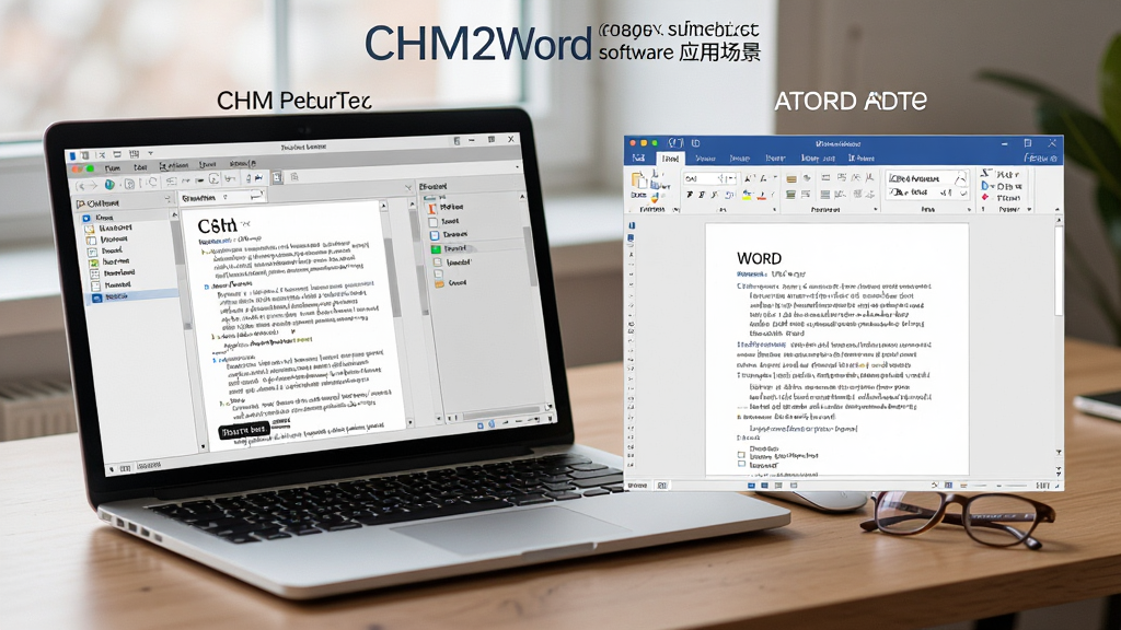 CHM2Word����Ӧ�ó���ͼ��һ̨�ʼǱ�������ͬʱ��CHM�Ķ�����Word�ĵ�������չʾ���ļ�ת��ǰ��ĶԱ�״̬�����дʵ��������Ȼ����������