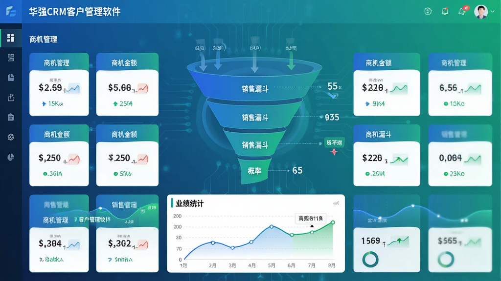 ����չʾ����ǿCRM�ͻ����������������۹ܵ�ҳ�棬����չʾ������۽׶εĿ�Ƭ����Ƭ�ϱ�ע�̻��������ʣ�����Ϊ©��ͼ�Σ��ײ�Ϊҵ��ͳ������ͼ�����ֲ��ÿ������Ű��࣬ɫ�������̽���Ϊ�������ֱ�ǩ�������̻�������������©�����ȣ�ϸ��ͻ�����ݶ�̬�仯����������������ִ��Ƽ��С�