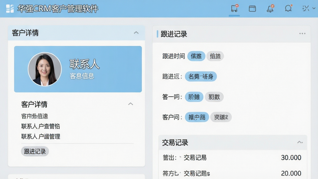ͼƬ����Ϊ����ǿCRM�ͻ������������Ŀͻ�����ҳ�棬���Ϊ��ϵ��ͷ���������Ϣ��Ƭ���Ҳ�Ϊ����ʱ�����뽻�׼�¼�������������Ű����࣬���Ϊ��ƽ��������ƣ���ɫ��Ϊǳ�����ɫ����Ļ�ϵ����ְ������ͻ����顱��������¼���ȣ�ϸ����ͻ����Ϣ�㼶���������ݱ�ǩ����������ϸ�壬�ɾ������