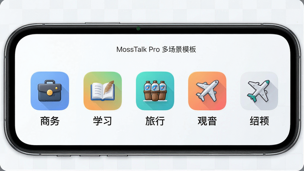 һ��չʾMossTalk Pro�ೡ��ģ���Ԥ��ͼ������Ϊ�ֻ���Ļ��һ�ų���ͼ�꣬��������ѧϰ�����еȣ�ÿ��ͼ���·������ı�ǩ������Ϊǳɫ���񣬲������룬�����ˬ��ϸ��ͼ�꾫�£����ʸߣ��޶���Ԫ��