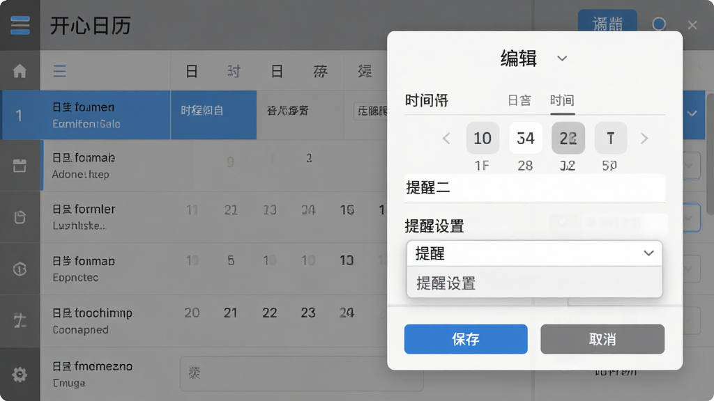 ���壺�����������ճ̱༭���棬��ʾʱ��ѡ�������������á����֣����Ϊ�ճ��б����Ҳ�Ϊ�༭�������Ű棺������ʽ���ֶ���������񣺼�Լ�����Ի�ɫ����ɫΪ����ϸ�ڣ��С����桱�͡�ȡ������ť������ѡ�������˵������ʣ����壬�ɾ����޶���Ԫ�ء�