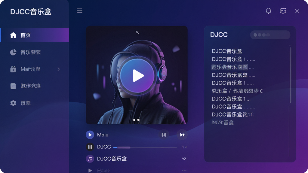���壺һ����Ϊ��DJCC���ֺС����������棬չʾ��������Ĳ����������档���֣����Ϊ������������Ϊר�������벥���б����Ҳ�Ϊ�����ʾ�����Ű棺�ִ���ƽ�����ģ����������񣺿Ƽ����볱���н�ϣ�ɫ������������ɫ����Ϊ����ϸ�ڣ����Ű�ť�����ڷ������룬��������ʾ��DJCC���ֺС����������廭��ɾ��޶���Ԫ�ء����ʣ�������Ⱦ����Ӱϸ�塣