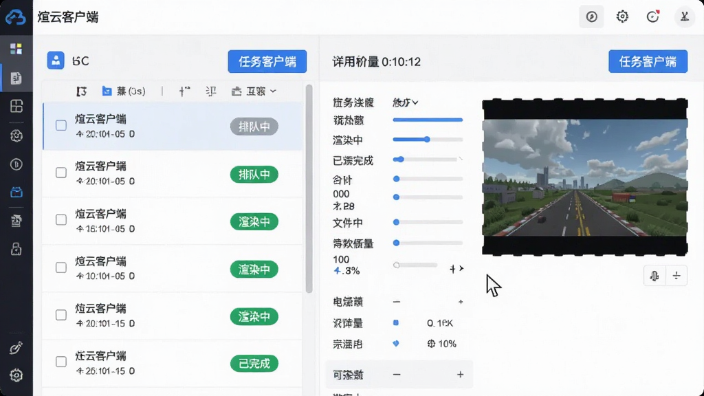 ��������Ϊ�����ƿͻ��ˡ�����������棬����������б����Ҳ���ʾ��ϸ��������ȾԤ��ͼ���������н�������״̬��ǩ���Ŷ��С���Ⱦ�С�����ɣ�����������������ǳɫ����������ɫ������ť�����Ϊ�ִ���ƽUI��ƣ�ϸ�ڰ������ָ�롢ʱ������ļ���С�����ʸɾ��޶���Ԫ�ء�