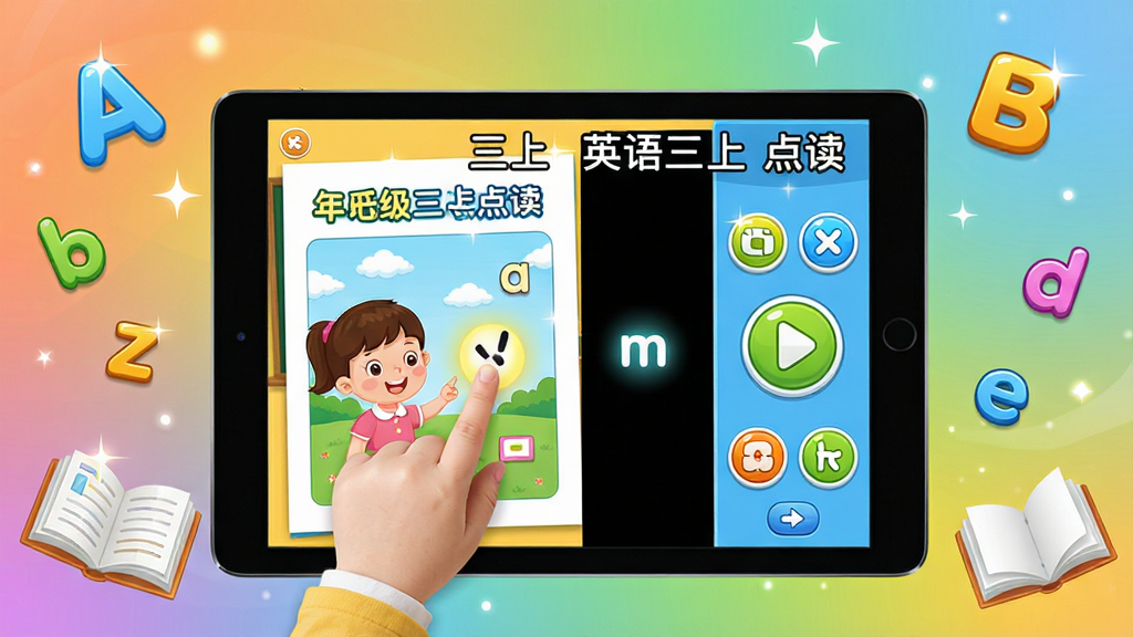 ���壺Ӣ�����ϵ���������棬ƽ�������ʾ���꼶Ӣ��α�������棬ͼ�Ĳ�ï������ǿα�ҳ�棬�Ҳ��ǵ�����ư�ť��������ָ������ʷ��ⷢ�������֣����й�ͼ��ƽ���豸Ϊ���壬��Χ��Ʈ����Ӣ����ĸ���鱾Ԫ�ء��Ű棺����չʾ����ͼ�꣬�С�Ӣ�����ϵ������������񣺿�ͨ�������ɫ���������á�ϸ�ڣ��߹�Ч�������䱳�������ʣ�������Ⱦ���ɾ��޶���Ԫ�ء�